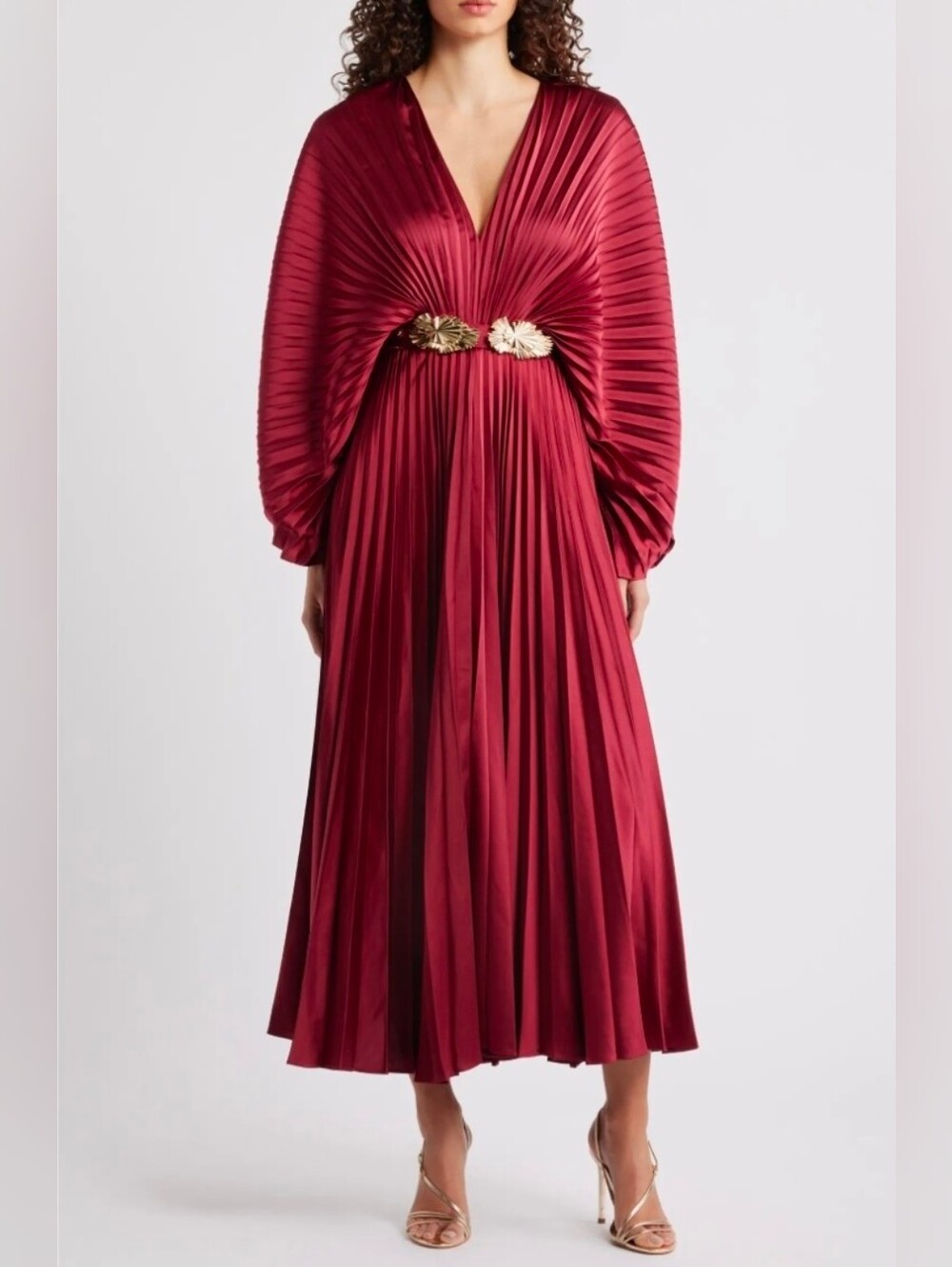 ACLER Red Pleated Wonastow Long Sleeve Draped Open Back Evening Maxi Dress - Picture 3 of 15